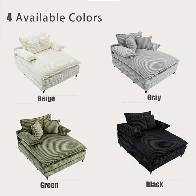 Oversized Chaise Lounge Chair Indoor Comfy Corduroy Sofa Bed Fluffy Cushioned Deep Seat Couch with 3 Pillows Sleeper Sofa for Living Room Beige White
