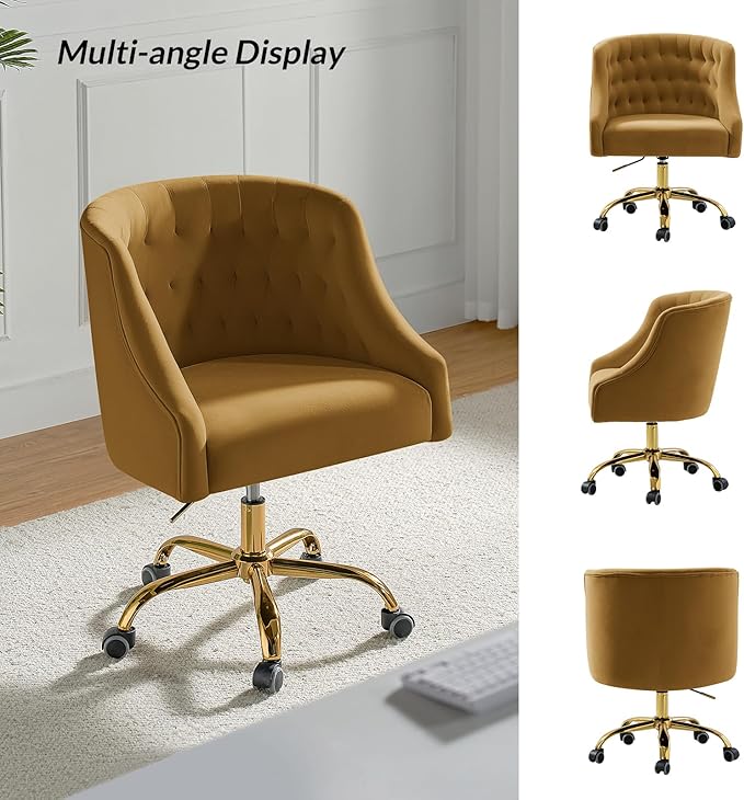 TINA'S HOME Velvet Home Office Chair with Gold Base Comfortable Modern Cute Desk Chair Adjustable Swivel Task Chair for Living Room Bedroom Vanity Study Golden