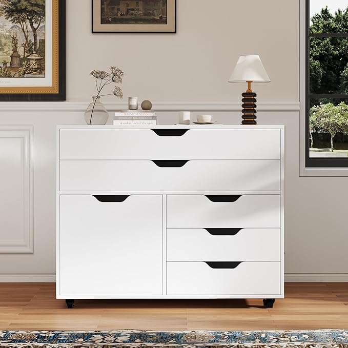 File Cabinet 5 Drawer Filing Cabinet with Door Mobile Storage Organizer Wooden Printer Stand on Wheels for Study Home Office Living Room White