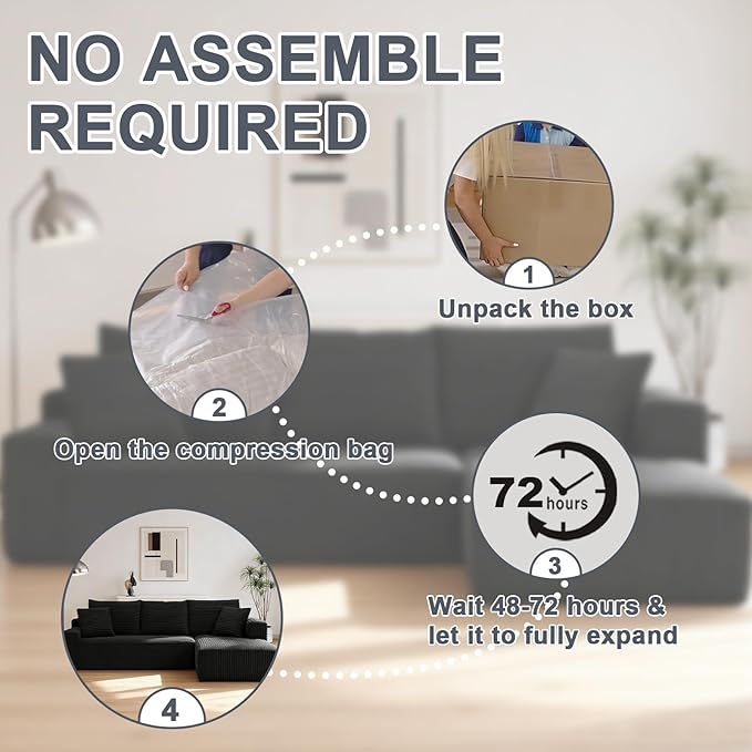 108 Boneless Couch L-Right Shape Sofa Couch with Chaise High-Resilience Memory Foam Corduroy Cloud Sectional Couches for Living Room Offices &amp Leisure Areas No Assembly Required Black
