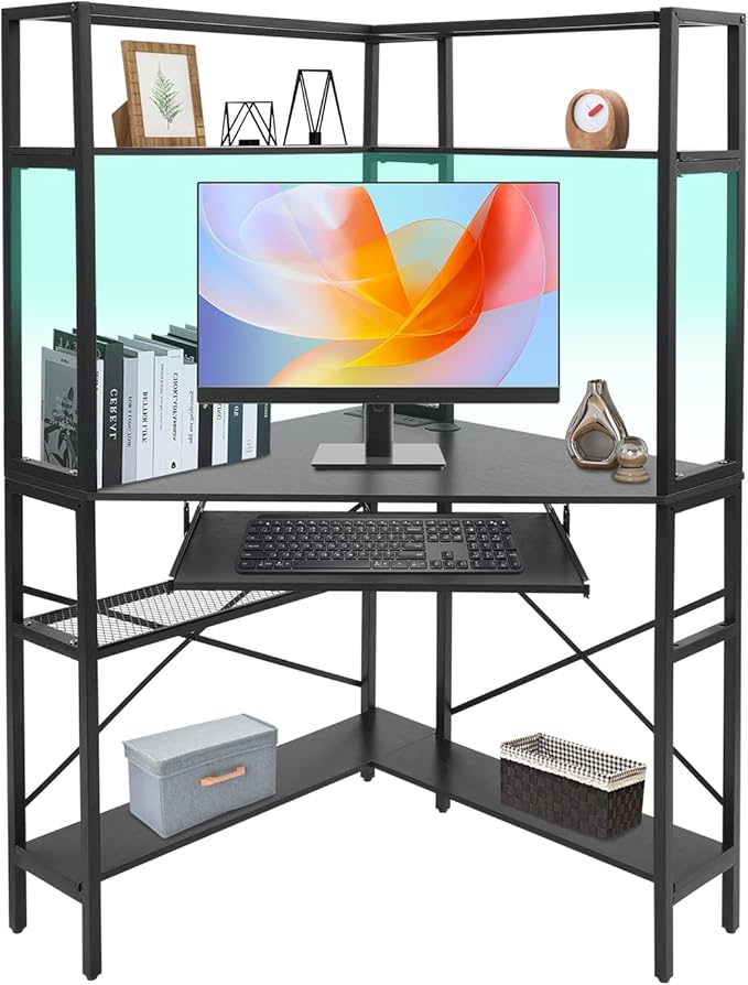 Corner Desk Triangle Corner Computer Desk with Keyboard Tray and USB Ports Small Computer Desk with Hutch and LED Lights ComputerDesk for Small Space Home Office Desk Black