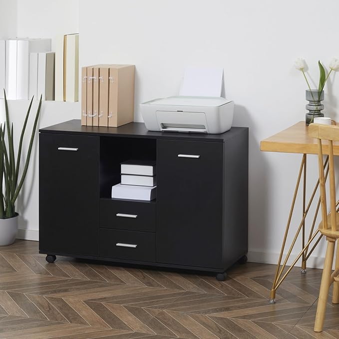 Multifunctional Office Filing Cabinet and Mobile Printer Stand with 2 Drawers Adjustable Shelves Lockable Wheels and Spacious Countertop Ideal for Home Office Study Room