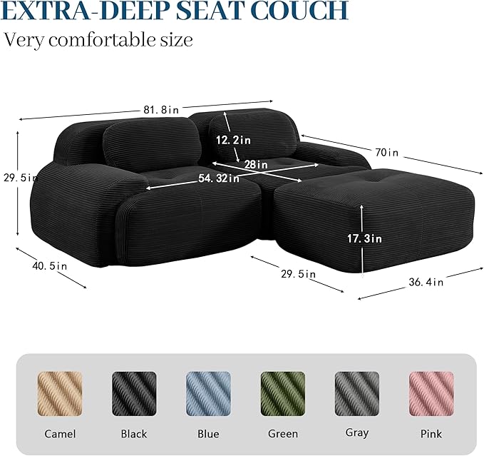 Boneless Sectional Couch No Assembly Required 81.8” L Shaped Modular Cloud Sofa with Pillow and Ottoman Deep Seat Corduroy Couch for Living Room Bedroom Office Apartment