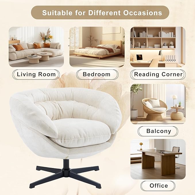 360°Swivel Accent ChairModern Chenille Office ChairRound Office Chairswith Removable CushionBlack Metal Base for Living RoomBedroomReading CornerOfficeBeige