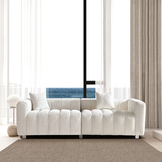 87.4 Modern 3 Seater Boucle Sofa Couch for Living Room Mid Century Fluffy Couches with Solid Wood Frame and 6 Legs for Bedroom Apartment Weight Capacity 750 LBS (White)