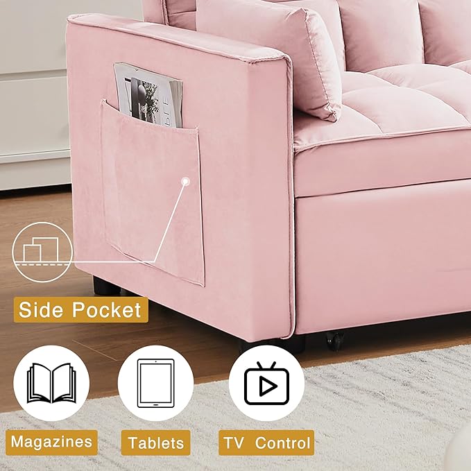 Wakefit 3 in 1 Convertible Sleeper Sofa Bed Futon Couches for Living Room with Side Pocket | Adjustable Backrest| Velvet Fabric | Pull Out Couch | Recliner Loveseat | Sectional Sofa Pink