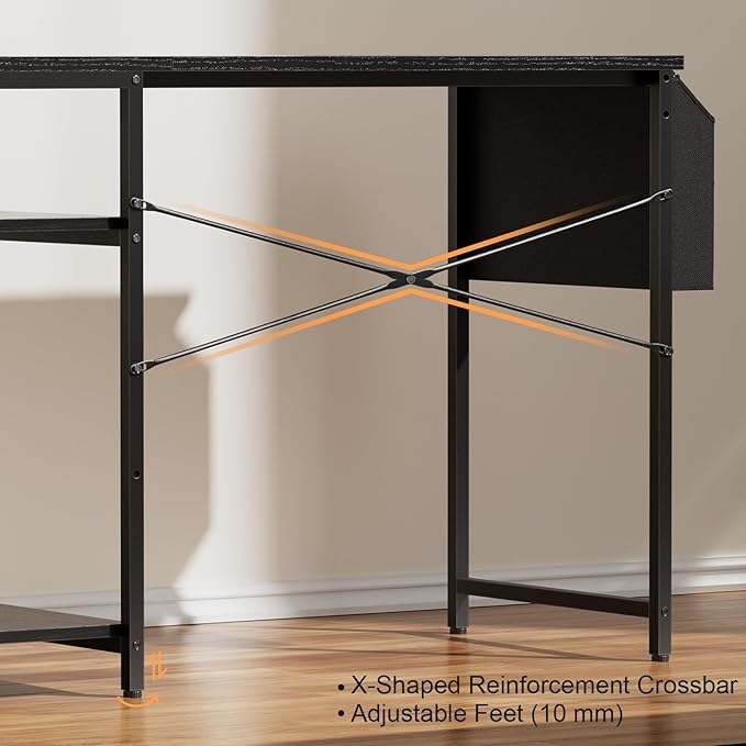 HLDIRECT Computer Desk with LED Lights 47Inch Gaming Desk with Monitor Stand &amp Side Storage Shelves Writing Study Table with Storage Bag for Home Office and Bedroom Black
