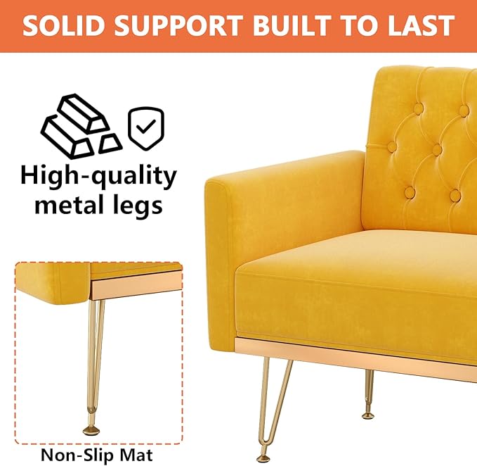 Yellow Accent Chair for Living RoomBedroom | Mid Century Modern Velvet Armchair with Leg and Tufted BackComfy Small Single Reading Chair (Yellow)