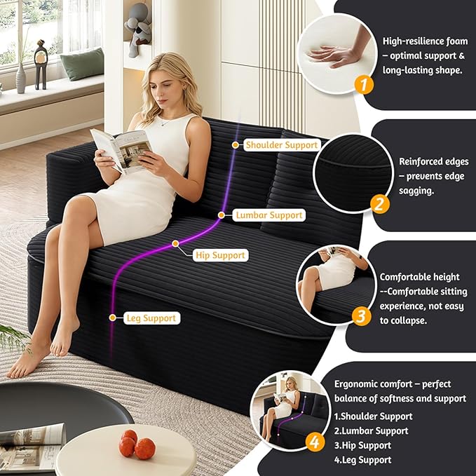 78.7 Convertible Sleeper Sofa Bed with 2 Soft Pillows 2-in-1 Fold Out Couch Upholstered in Luxurious Plush Corduroy Fabric Deep Seat Couch for Living Room Bedroom Guest Room Black