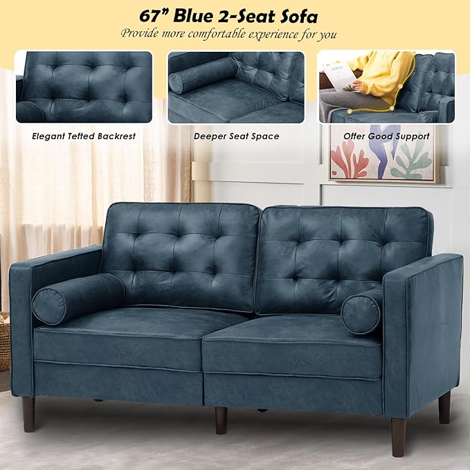 84 Suede Leather Sofa with 2 Soft Pillows Tufted Modern Sofa with Sturdy Wooden Legs 3 Seats Couch for Living Room Office Bedroom Blue