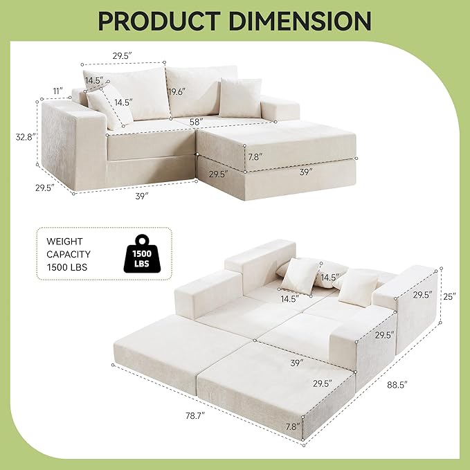79 Boneless Cloud Loveseat Sofa Couch Modular Foldable Floor Sofa with Ottoman Chenille Lounge Convertible Sofa Bed for Living Room No Assembly Beige