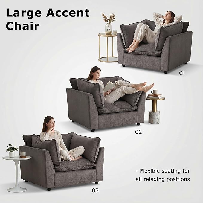 Tbfit Chenille Accent Chair Plush Comfort Living Room Chair with Wide Seat Modern Decorative Chair for Bedroom Office Reading Nook Soft Cloud Chair Deep Seat Dark Gray