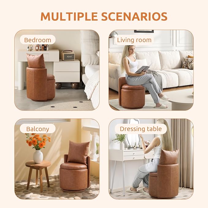 360° Swivel Vanity Chair with Storage PU Leather Round Storage Ottoman with Pillows No Assembly Modern Comfy Makeup Stool for Bedroom Dressing Living Room (White)