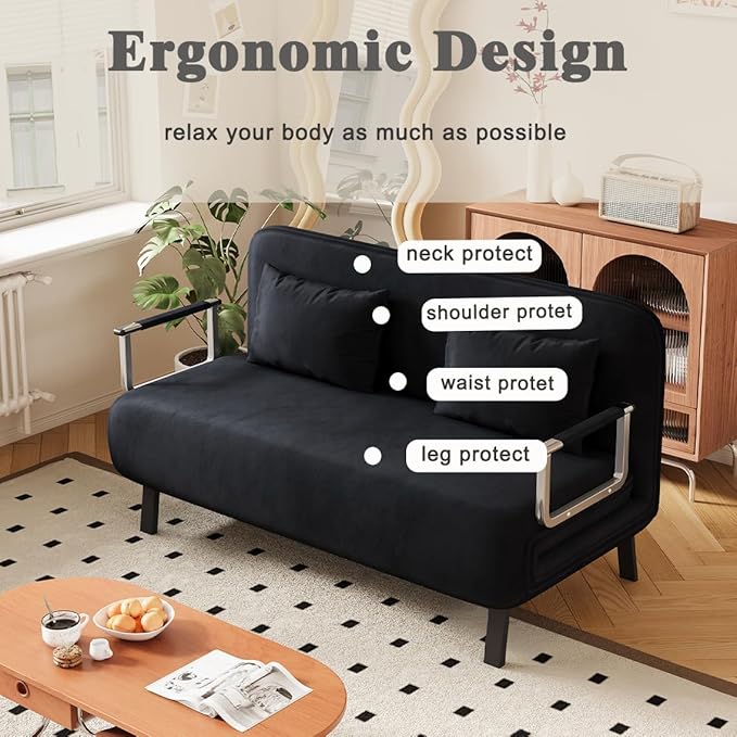 Convertible Queen Sleeper Chair Bed 55 Tri-Folding Sofa with 6 Adjustable Backrests Comfy Velvet Loveseat Sleeper Modern Futon Sofa Bed for Living RoomSmall SpaceOffice (Black)