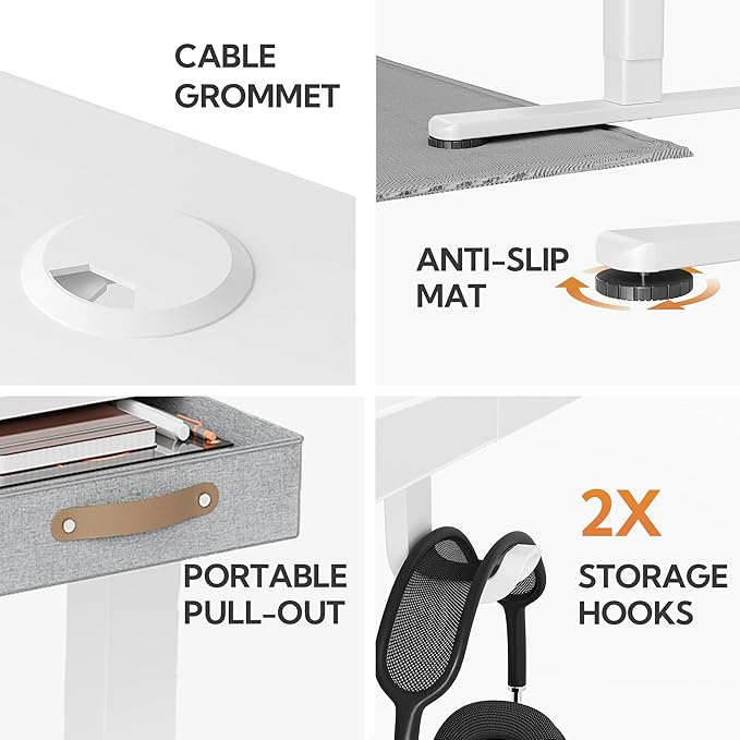 Seang Standing Desk with Drawer 40 x 24 Height Adjustable Stand Up Desk 3 Memory Height Settings with Cable Grommets &amp Storage Hooks Ideal for Home &amp Office White