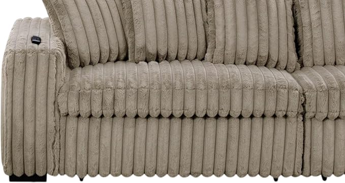 Pemberly Row 113 W Corduroy Fabric Cloud Convertible Sectional Deep Seat Sofa Slider with Power Recliner Glider USB Charging Ports and 6 Cushions in Presley Latte for Living Room