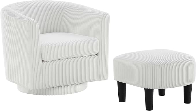 Green Swivel Accent Chair with Ottoman 360° Barrel Chairs with Foot Stool Comfy Reading Chair with Removable Pillow &amp 2 Armrest Covers for Living Room Small Spaces Bedroom Chenille (Black (smal