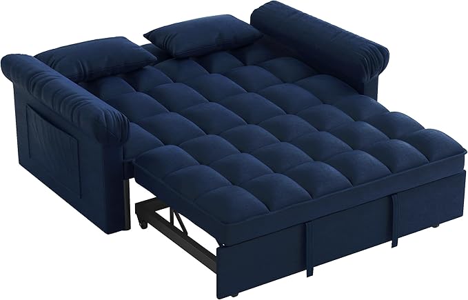 Modern Loveseat Sleeper Sofa with Pull-Out Bed &amp Adjustable Backrest Convertible Sofa Bed with Strong Wood Frame for Small Space Living Room Guest Room Easy Assembly (Blue85)
