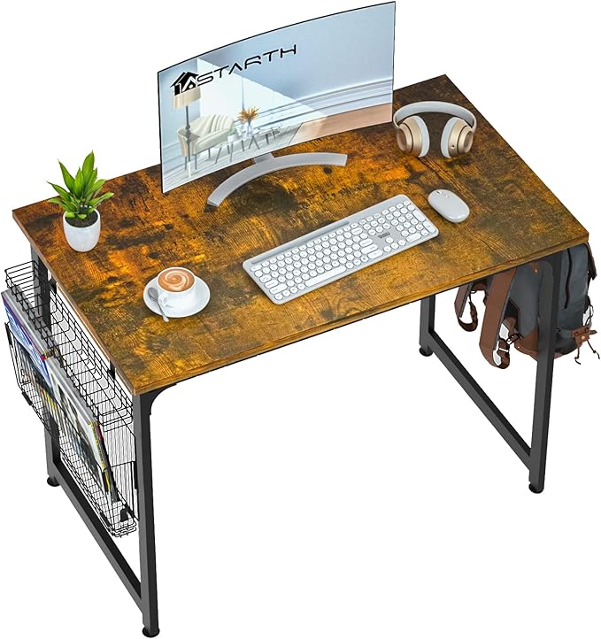 ASTARTH Study Computer Desk-55 Inch Home Office Desk Wood Storage Table Modern Writing Style Laptop Table Black Metal Frame PC Table with Storage Basket and Headphone Hooks Rustic Brown