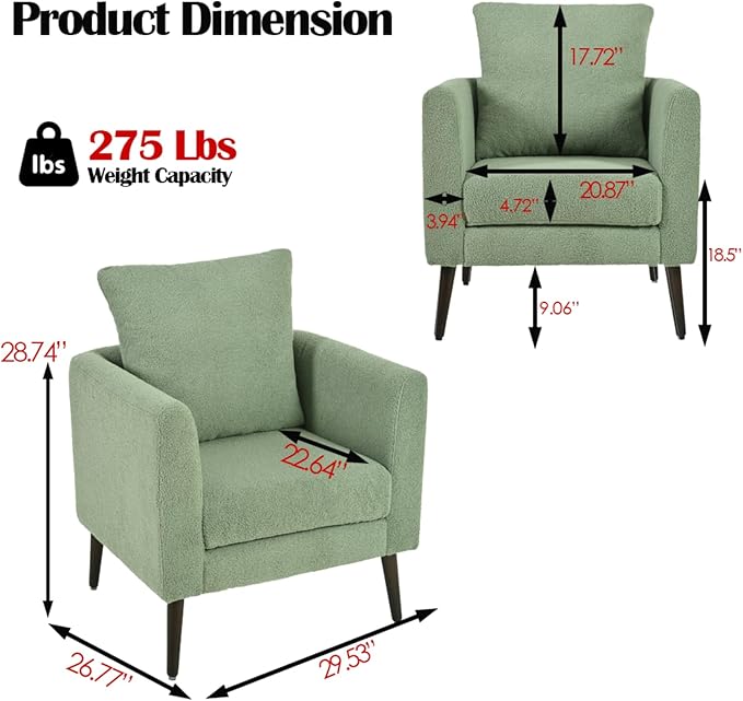Modern Accent Chair for Living Room Chairs Comfortable Lumbar Support Armchair Removable Cushion Covers Single Sofa Chair with Solid Wood Legs Bedroom Reading Chair Light Green
