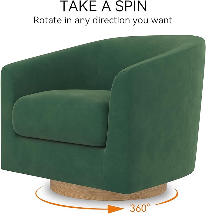 Swivel Accent Chair Upholstered Modern Barrel-Curved Arm Chair Velvet Fabric Comfty Sofa Reading Chair with Solid Wood Base for Living Room Bedroom Club Forest Green