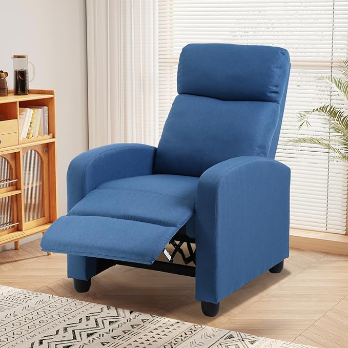 Recliner Chair for Living Room Fabric Sleeper Chairs for Adults Adjustable Comfortable Chair Single Sofa Chair Reading Chair for Bedroom with Footrest (Leather Blue)