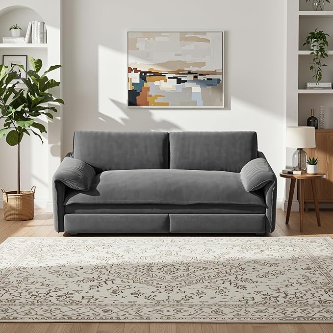 Homy Casa 66 3-in-1 Convertible Sofa Bed Queen Size Pull-Out Bed with Side Storage Velvet Loveseat Modern Sleeper Sofa for Living Room Office or Guest Room (Grey)