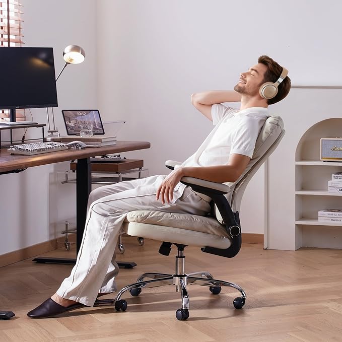 LEAGOO Ergonomic Executive Office Chair Mid Back Comfy Desk Chairs with 3D Padded Flip-up Arms Faux Leather Computer Rolling Chair with Wheels for Home Adjustable Height 300lbs Beige