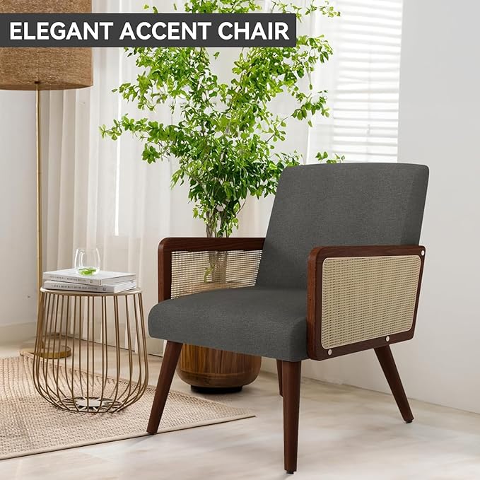 Accent Chair with Rattan Arms Set of 2Dining Chairs with Wood Legs Modern Armchair for BedroomLiving Room and Kitchen Lounge Reading Chair Grey