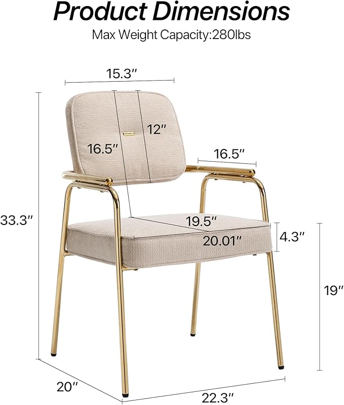 Accent Chair Dining Chair Set of 2 Chenille Upholstered Armchair Reading Side Chair Comfy Living Room Chair with Gold Metal Legs for Bedroom Waiting Room Beige