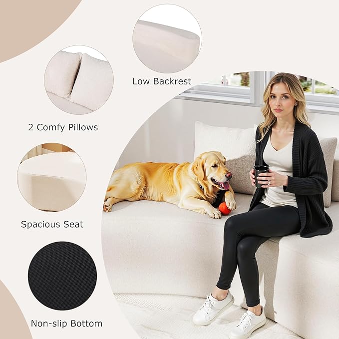 Giantex 78.5 Sofa Couch Upholstered Loveseat with 2 Cozy Pillows Low Backrest &amp Padded Seat Anti-Slip Bottom No Assembly Modern Floor Couch for Living Room Bedroom (Beige)