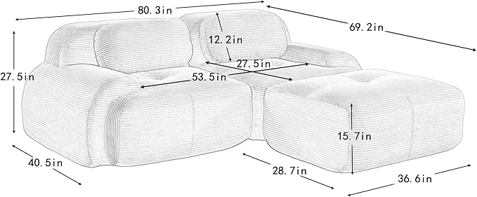 80 Modern Corduroy Boneless Love Seat Couches with 1 Ottoman 2 Seater Large Sectional Couches for Living Room Blue Cloud Modular Sectional Sofa Memory Foam Extra Deep Loveseat No Assembly