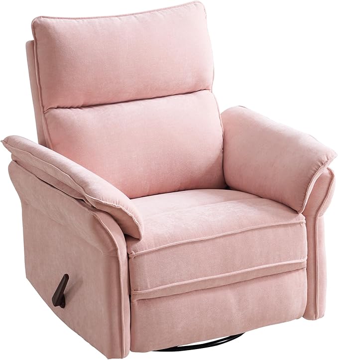 Oversized Recliner Chair 26 Extra Wide 360° Swivel Rocker Recliner with Adjustable Headrest Chenille Glider Rocking Nursery Chair with Overstuffed Armrest Lumbar Support Pink