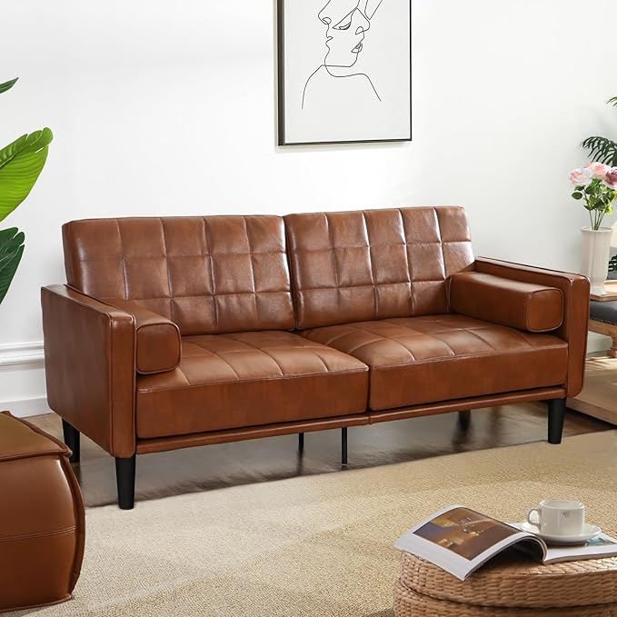 70” Mid-Century Modern Couch Breathable Faux Leather Couch with Upholstered Cushions/Pillows Loveseat Sofas &amp Couches for Living Room (Yellow)