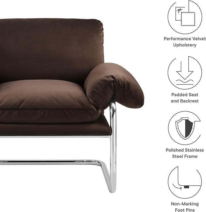Modway Ansel Performance Velvet Accent Chair in Chocolate Brown - Stain-Resistant Velvet Lounge Chair for Living Room Bedroom - Corner Reading Chair with Arms and Removable Cushions