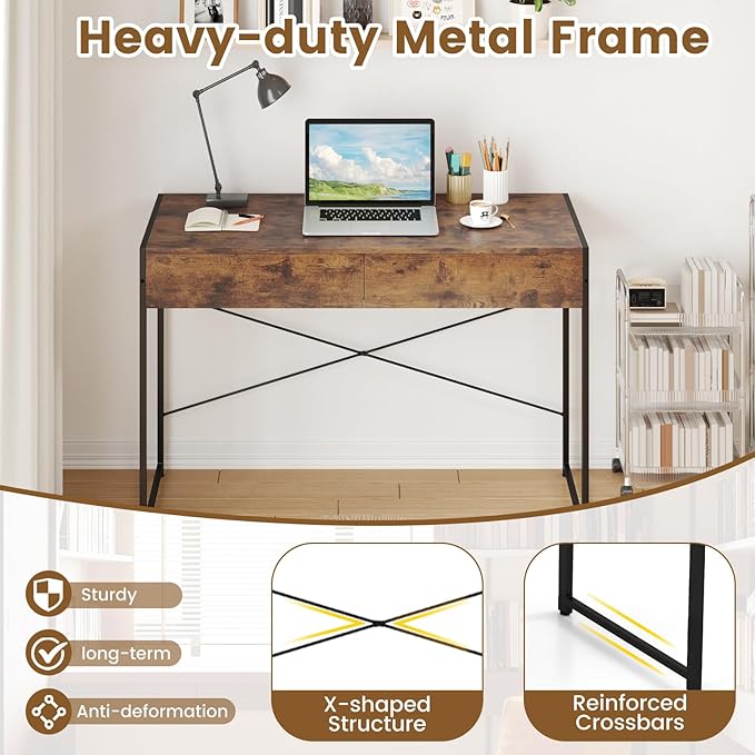 Giantex Computer Desk with 2 Drawers 44 Inch Home Office Desk with Anti-Toppling Device &amp Metal Frame Compact Laptop PC Table Vanity Table Modern Study Writing Desk for Small Spaces (Rustic Br