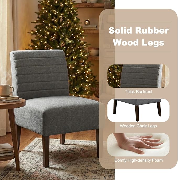 Armless Accent Chair Mid Century Modern Upholstered Living Room Chairs Accent Dining Chair Sofa with Solid Wood Legs Lounge Reading Chair for Bedroom Office (Gray)