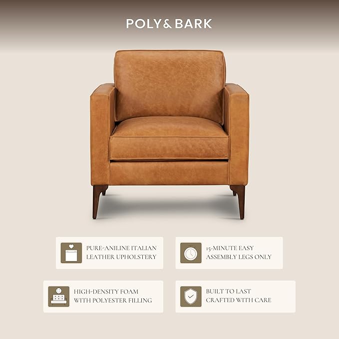 Poly &amp BARK Mateo Leather Lounge Chair – Cognac Tan Full-Grain Leather Upholstery – Modern Upholstered Accent Chair for Living Room or Bedroom – Indoor Lounge Seating with Timeless Comfort