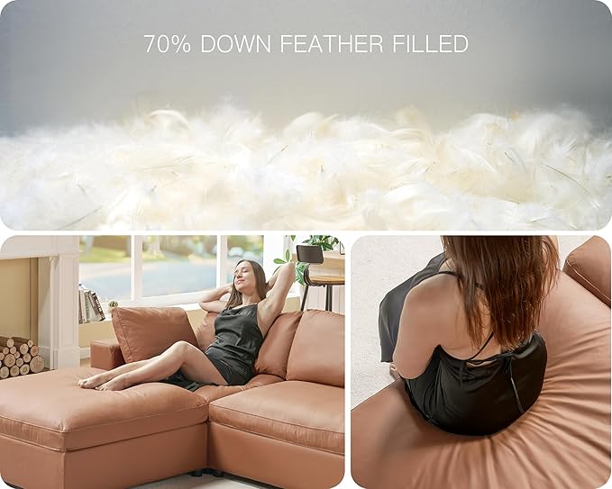 AMERLIFE 114 Inches Modular Sectional Couch Feather Down Filled Sectional Sofa 4 Seats L Shaped Couch with Chaise Ottoman Oversized Sofa for Living Roomt Apartment Brown Anti-Scratch Leathaire