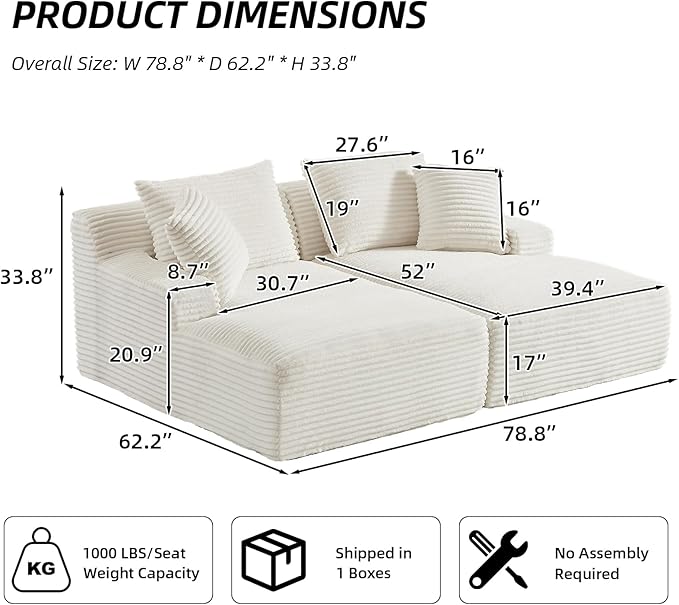 Oversized Double Chaise Lounge Chair Indoor Fluffy Upholstered Corduroy Sofa Bed with Throw Pillows Comfy Sleeper Deep Seat Sectional Loveseat Sofa Couch for Living Room (Beige)