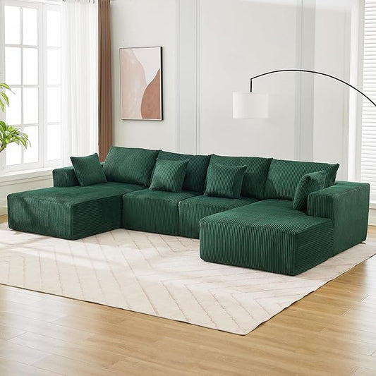 137” Modular Sectional Sofa Cloud Sectional Couch with U-Shape Chaise/Deep Seat/Armrest/Plush Corduroy Fabric No Assembly Required Boneless Compression Sleeper Sofa for Living Room Green