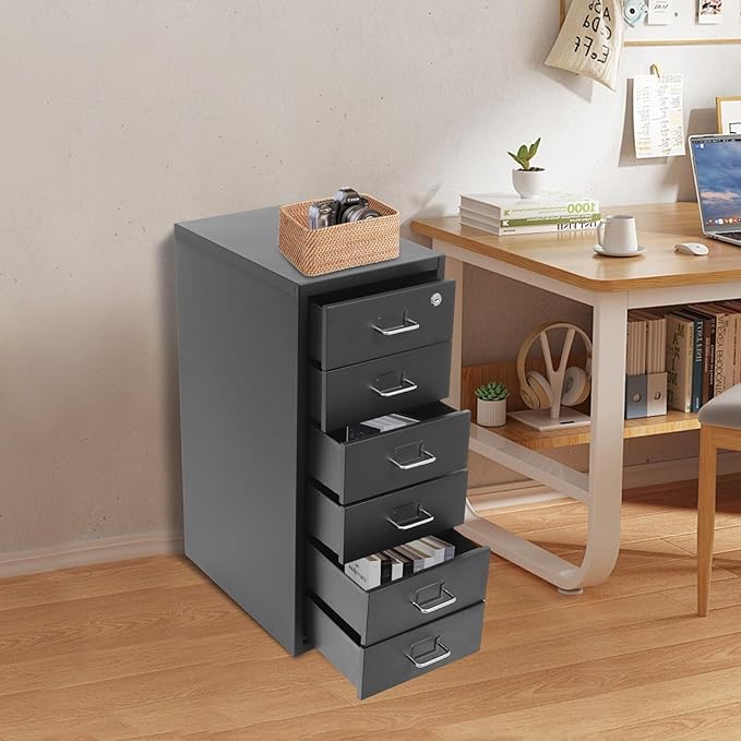 6 Drawer Filing Cabinets with Lock Metal Vertical File Storage CabinetMoblie Office File Cabinet with WheelsRolling Metal Filing Storage CabinetsLocking File Cabinet for for Home Office (Black)