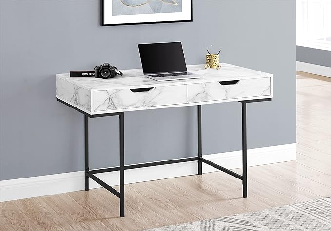 Computer Desk Home Office Laptop Storage Drawers 48 l Work White Marble Look Laminate Black Metal Contemporary Modern