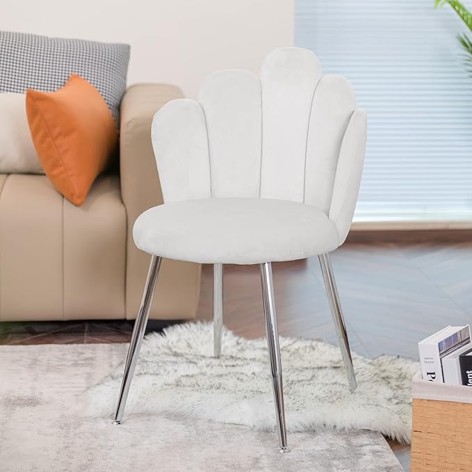 Vanity Chair for Makeup Room - Midcentury Modern Accent Chair for Living Room Bedroom Velvet Chair with Back Support and Metal Legs (White)