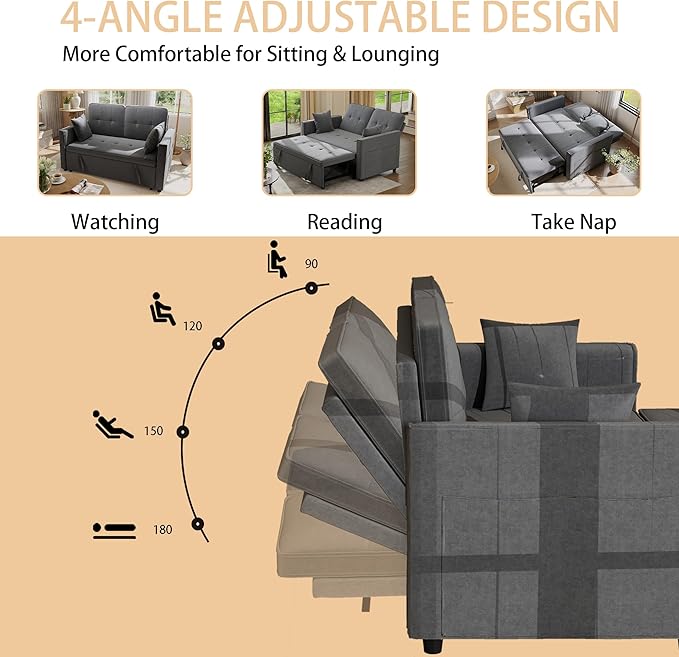 Pull Out Sofa Bed: 56 Grey 3 in 1 Convertible Sleeper Sofa Bed Velvet Loveseat Sleeper Couch with Storage Comfy Futon Couch Beds for Living Room | Velvet