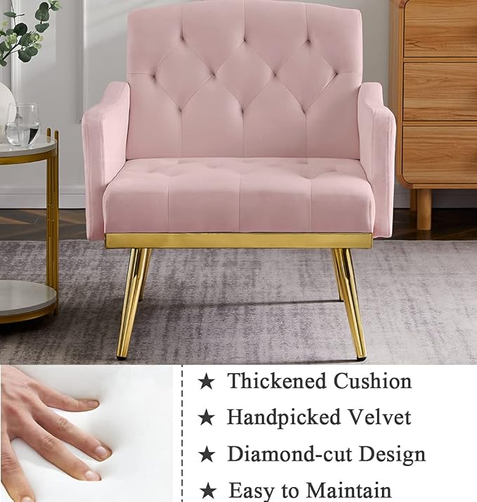 Velvet Tufted Accent ChairModern Upholstered Accent Living Room ChairComfy Armchair with Rose Golden Metal LegsTufted Singe Sofa Chair for Reading or Loungingfor Bedroom Office Decorative (Pink)
