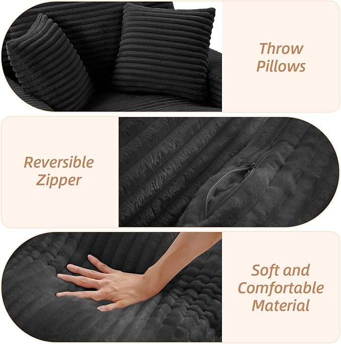Oversized Chaise Lounge Chair Indoor Corduroy Sofa Bed with Throw Pillows Recliner Chair Comfy Large Deep Seat Sofa Couch for Living Room Bedroom Apartment (Black)