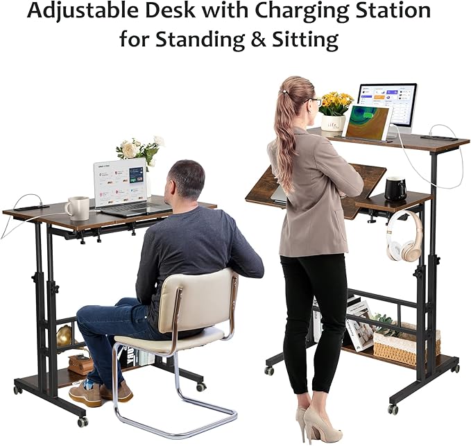 Hadulcet Mobile Standing Desk Adjustable Height Rolling Desk Stand Up Desk Mobile Laptop Desk Rolling Computer Desk with Charging Station Portable Desk with Wheels Rustic Brown