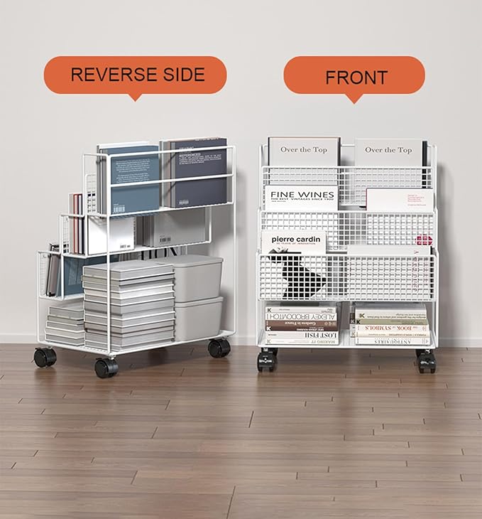 AVSMGP Rolling File cart with Shelves 4-Tier Mobile Bookshelf Metal File Storage Utility Storage cart for Office Home SchoolWhite