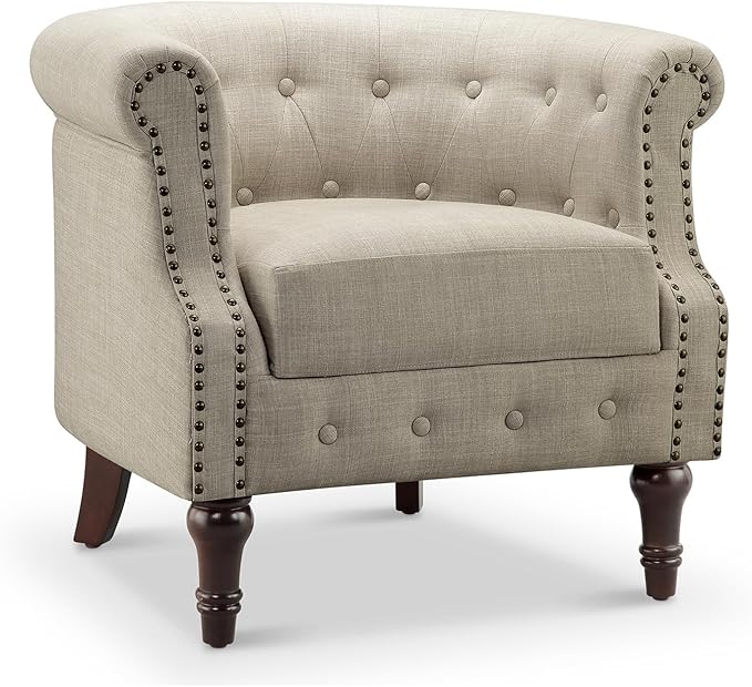 Comfy Fabric Barrel Chair Armchair with Soft Padded Classical Club Chair with Thicken Cushion Upholstered Tub Chair Reading Chair for Living Room Bedroom Waiting Room Office Beige